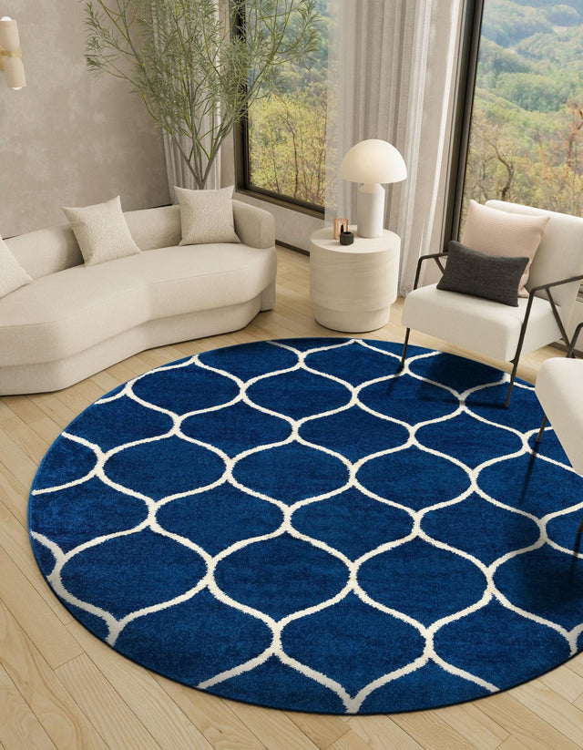 Navy Blue 4' 1 x 4' 1 Trellis Frieze Round Area Rug Geometric Modern Unique Stain Resistant Easy Clean Carpet for Living, Dining, Bedrooms, Office for Sale at Rug Engine