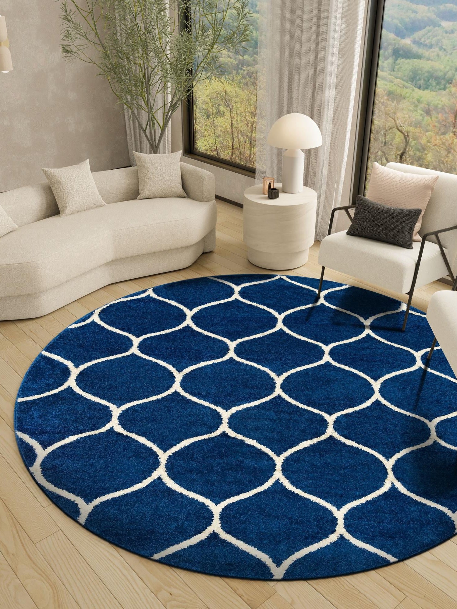 Navy Blue 3' 1 x 3' 1 Trellis Frieze Round Area Rug Geometric Modern Unique Stain Resistant Easy Clean Carpet for Living, Dining, Bedrooms, Office for Sale at Rug Engine