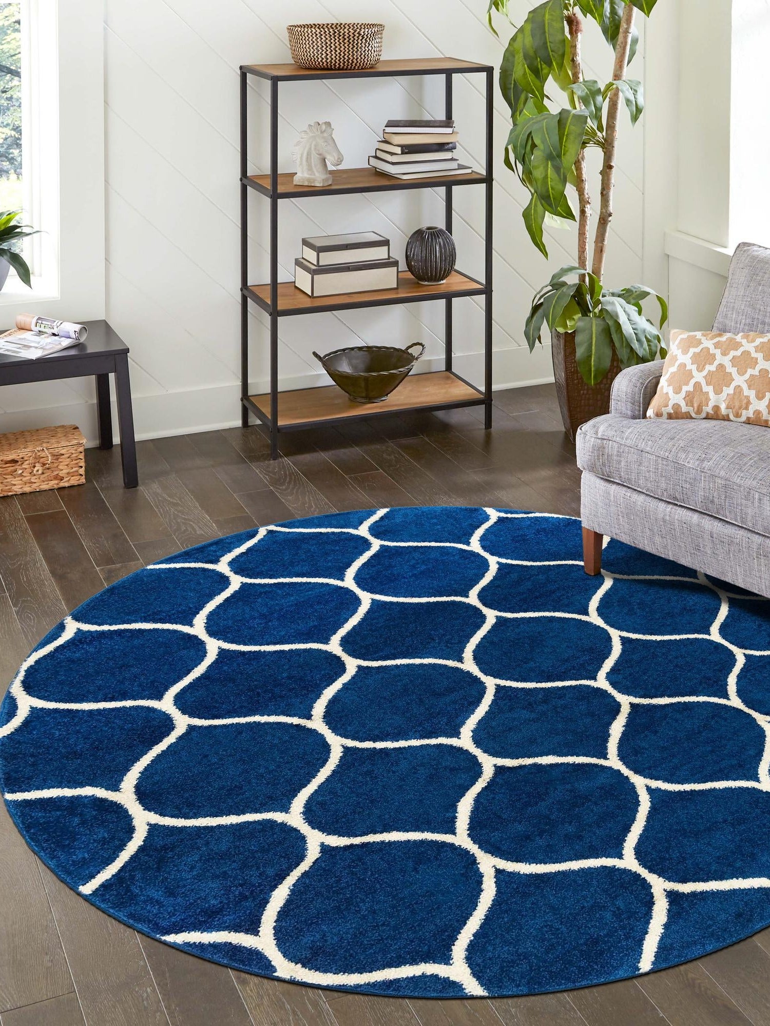 Navy Blue 7' 1 x 7' 1 Trellis Frieze Round Area Rug Geometric Modern Unique Stain Resistant Easy Clean Carpet for Living, Dining, Bedrooms, Office for Sale at Rug Engine
