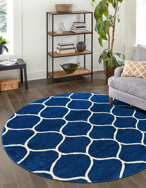 Navy Blue 7' 1 x 7' 1 Trellis Frieze Round Area Rug Geometric Modern Unique Stain Resistant Easy Clean Carpet for Living, Dining, Bedrooms, Office for Sale at Rug Engine