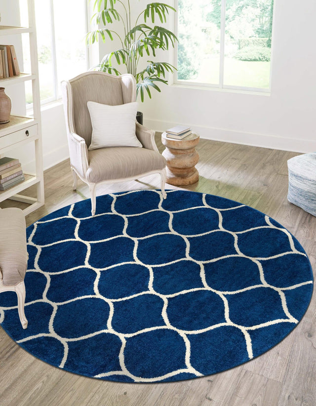 Navy Blue 6' 1 x 6' 1 Trellis Frieze Round Area Rug Geometric Modern Unique Stain Resistant Easy Clean Carpet for Living, Dining, Bedrooms, Office for Sale at Rug Engine