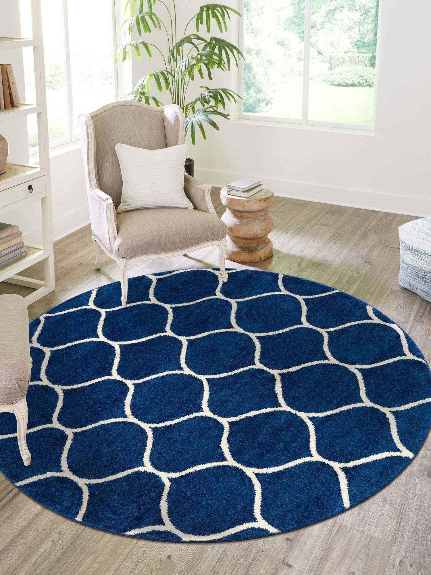 Navy Blue 7' 10 x 7' 10 Trellis Frieze Round Area Rug Geometric Modern Unique Stain Resistant Easy Clean Carpet for Living, Dining, Bedrooms, Office for Sale at Rug Engine