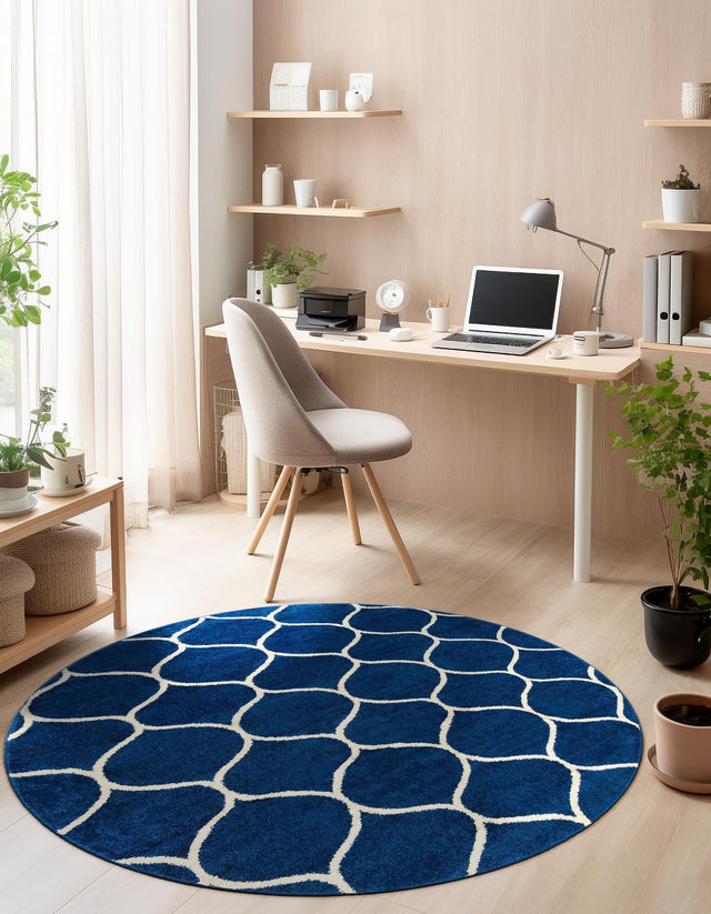 Navy Blue 3' 1 x 3' 1 Trellis Frieze Round Area Rug Geometric Modern Unique Stain Resistant Easy Clean Carpet for Living, Dining, Bedrooms, Office for Sale at Rug Engine