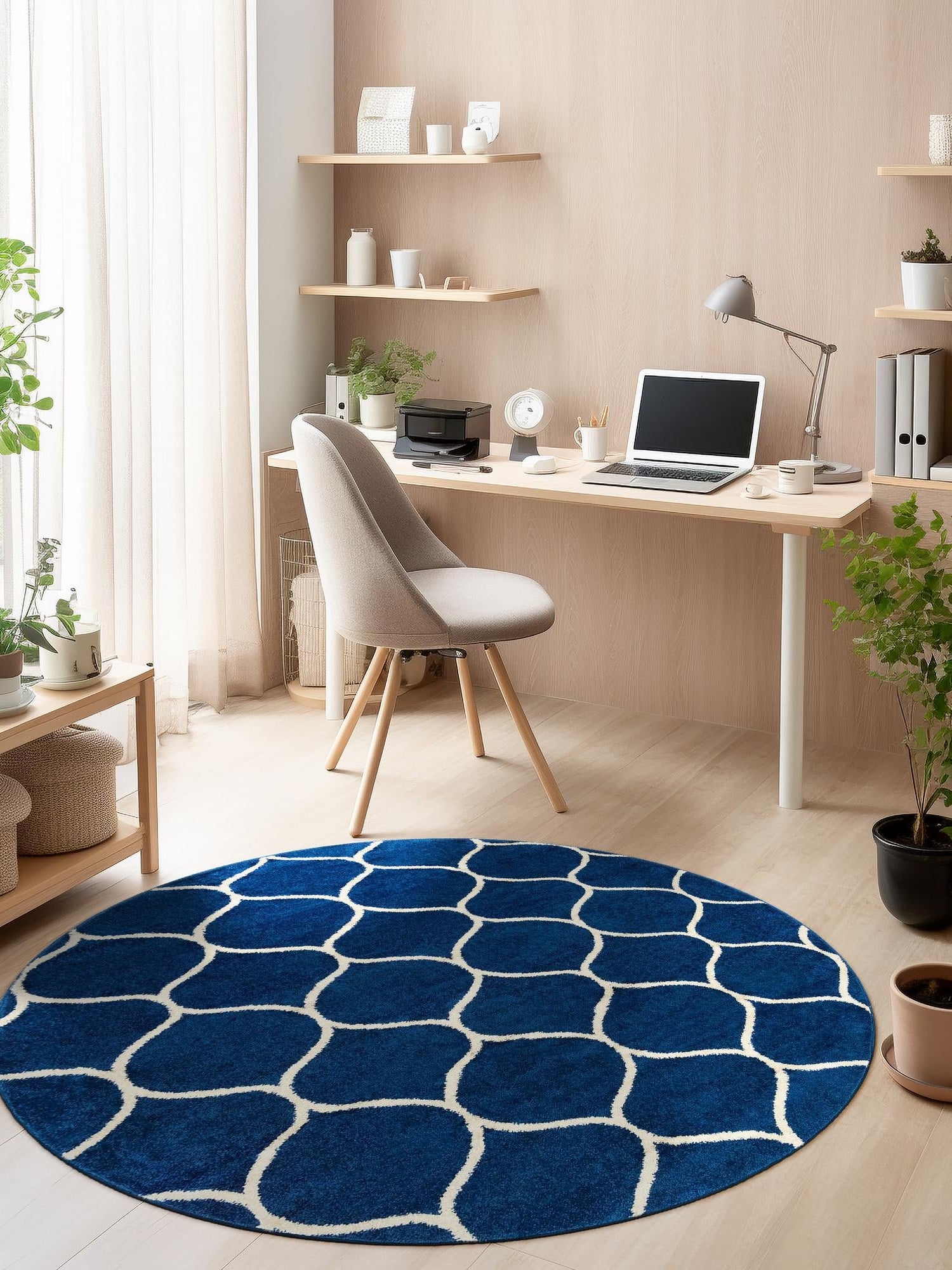 Navy Blue 7' 1 x 7' 1 Trellis Frieze Round Area Rug Geometric Modern Unique Stain Resistant Easy Clean Carpet for Living, Dining, Bedrooms, Office for Sale at Rug Engine