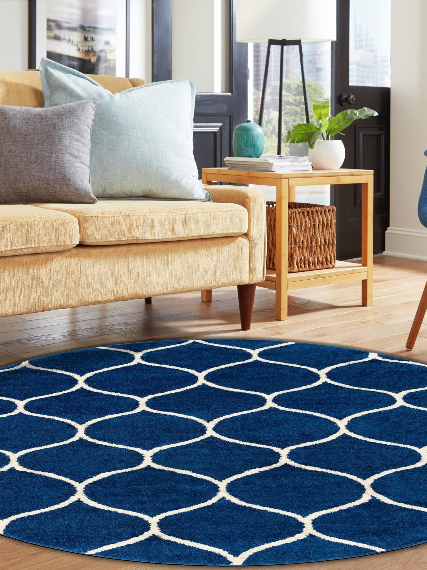 Navy Blue 6' 1 x 6' 1 Trellis Frieze Round Area Rug Geometric Modern Unique Stain Resistant Easy Clean Carpet for Living, Dining, Bedrooms, Office for Sale at Rug Engine