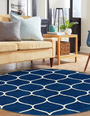 Navy Blue 6' 1 x 6' 1 Trellis Frieze Round Area Rug Geometric Modern Unique Stain Resistant Easy Clean Carpet for Living, Dining, Bedrooms, Office for Sale at Rug Engine