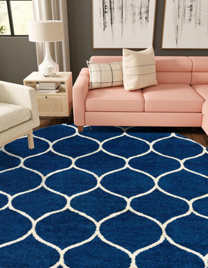 Navy Blue 7' 10 x 7' 10 Trellis Frieze Round Area Rug Geometric Modern Unique Stain Resistant Easy Clean Carpet for Living, Dining, Bedrooms, Office for Sale at Rug Engine