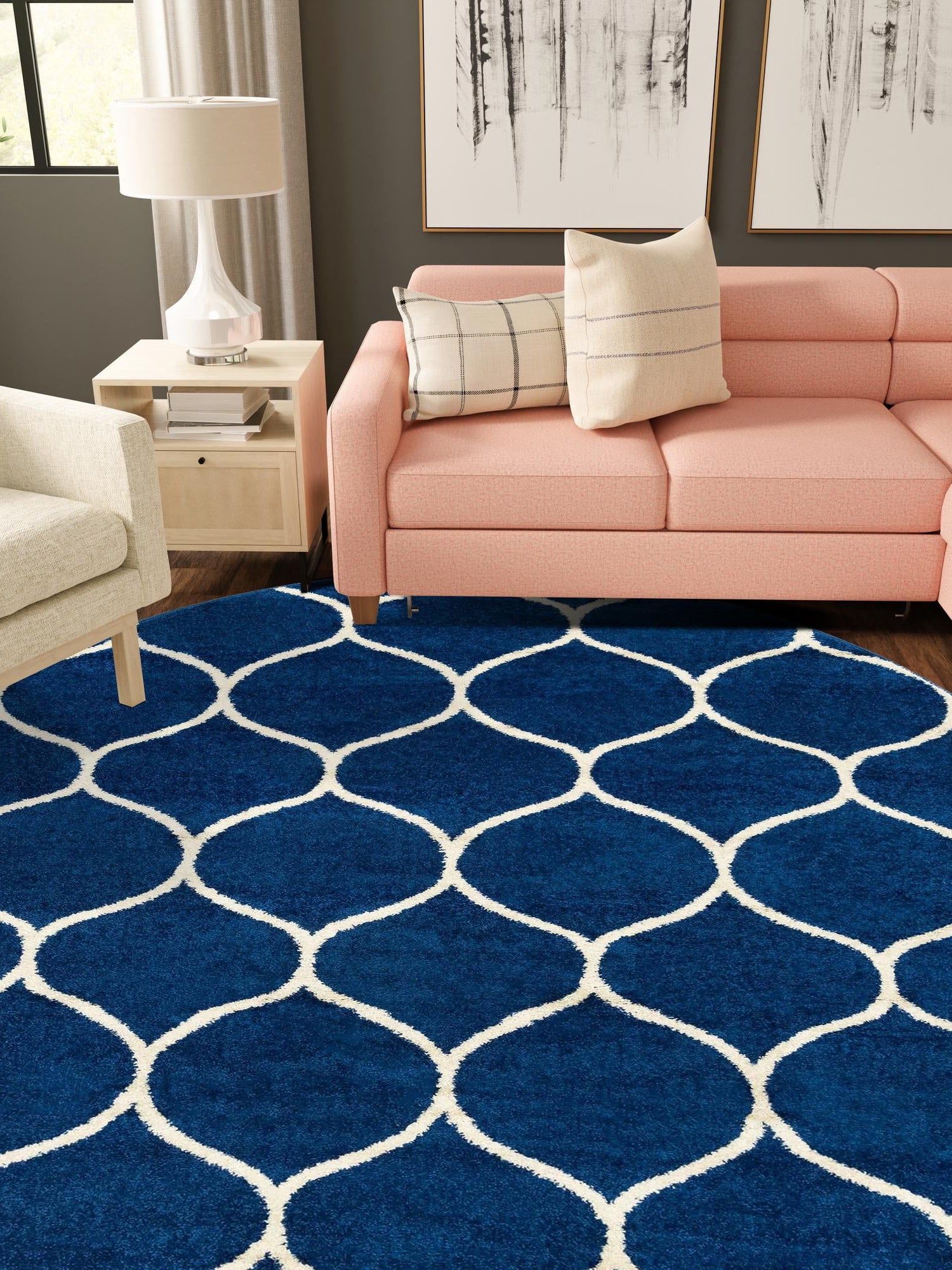 Navy Blue 3' 1 x 3' 1 Trellis Frieze Round Area Rug Geometric Modern Unique Stain Resistant Easy Clean Carpet for Living, Dining, Bedrooms, Office for Sale at Rug Engine