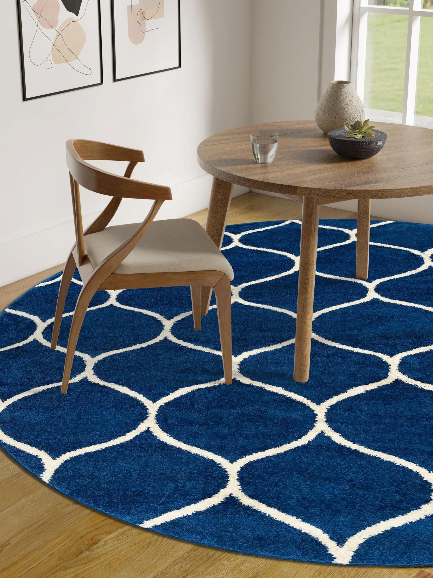 Navy Blue 4' 1 x 4' 1 Trellis Frieze Round Area Rug Geometric Modern Unique Stain Resistant Easy Clean Carpet for Living, Dining, Bedrooms, Office for Sale at Rug Engine
