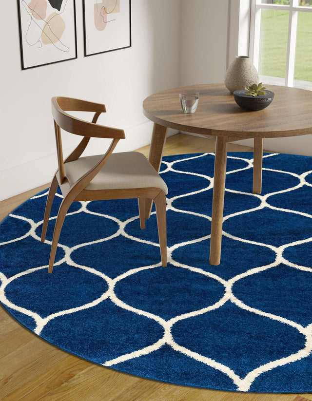 Navy Blue 3' 1 x 3' 1 Trellis Frieze Round Area Rug Geometric Modern Unique Stain Resistant Easy Clean Carpet for Living, Dining, Bedrooms, Office for Sale at Rug Engine