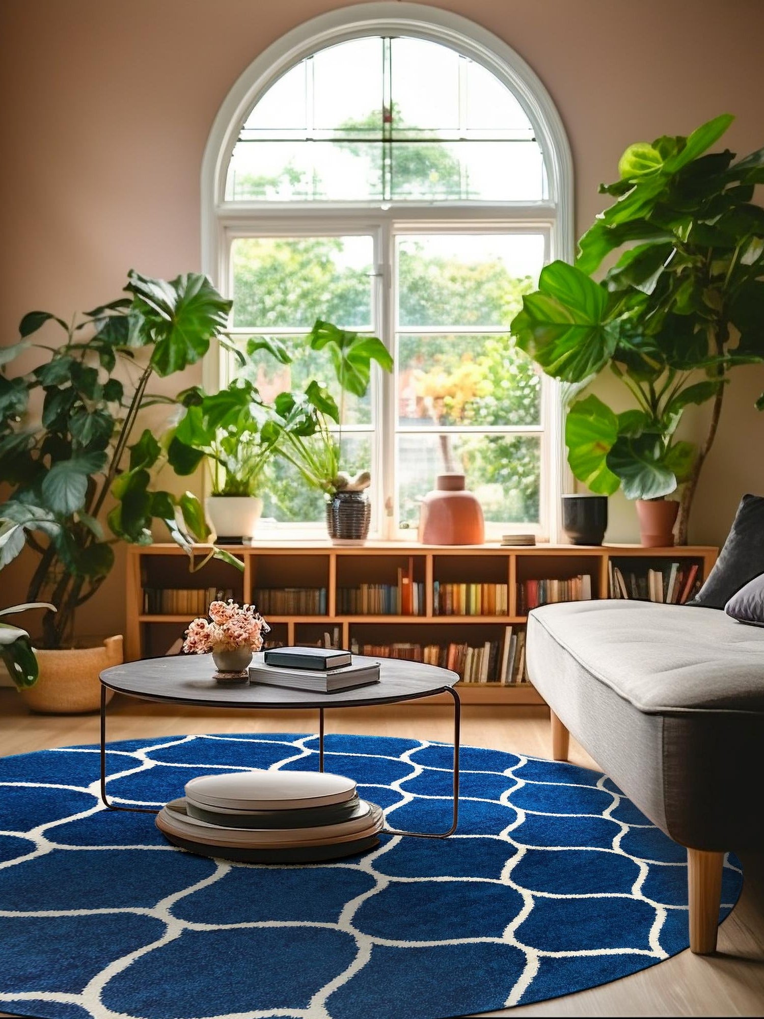 Navy Blue 4' 1 x 4' 1 Trellis Frieze Round Area Rug Geometric Modern Unique Stain Resistant Easy Clean Carpet for Living, Dining, Bedrooms, Office for Sale at Rug Engine