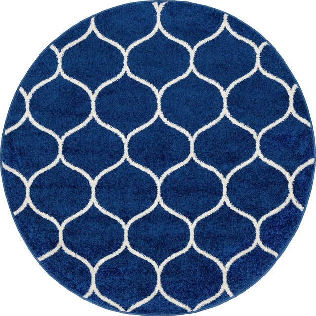 Navy Blue 4' 1 x 4' 1 Trellis Frieze Round Area Rug Geometric Modern Unique Stain Resistant Easy Clean Carpet for Living, Dining, Bedrooms, Office for Sale at Rug Engine