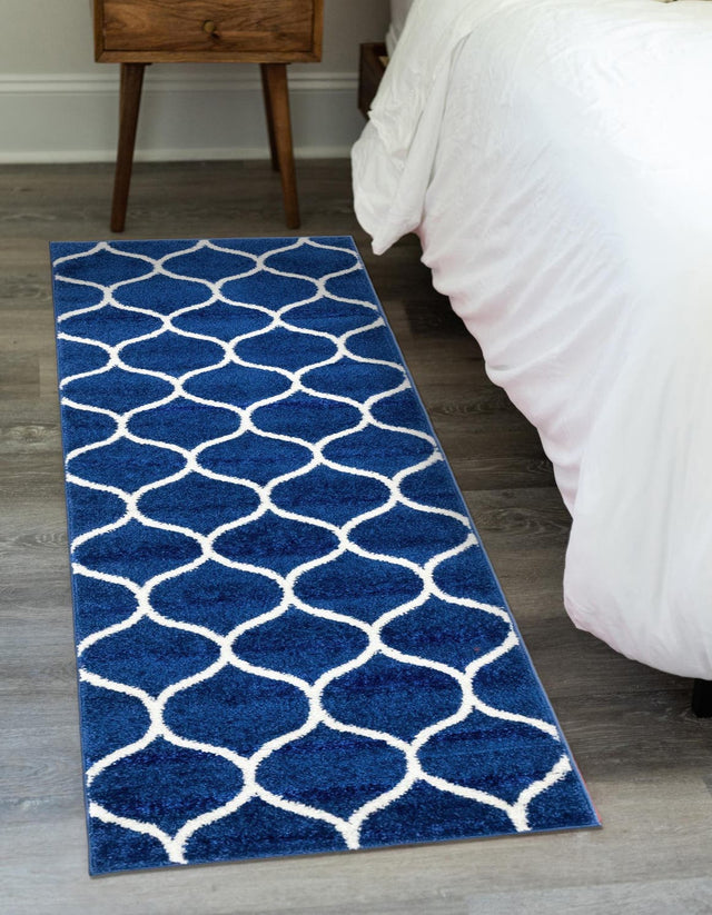 Navy Blue 2' x 13' 1 Trellis Frieze Runner Area Rug Geometric Modern Unique Stain Resistant Easy Clean Carpet for Living, Dining, Bedrooms, Office for Sale at Rug Engine