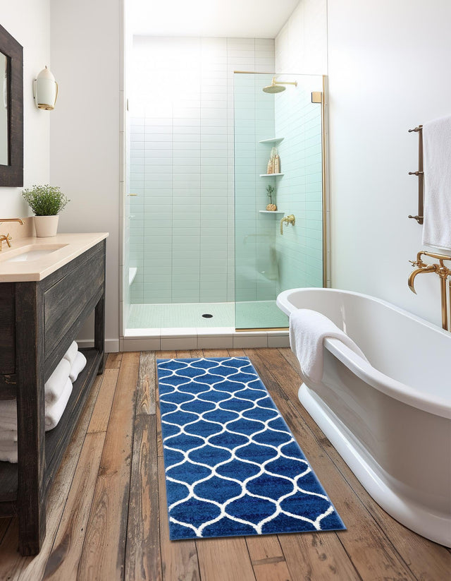 Navy Blue 2' x 13' 1 Trellis Frieze Runner Area Rug Geometric Modern Unique Stain Resistant Easy Clean Carpet for Living, Dining, Bedrooms, Office for Sale at Rug Engine