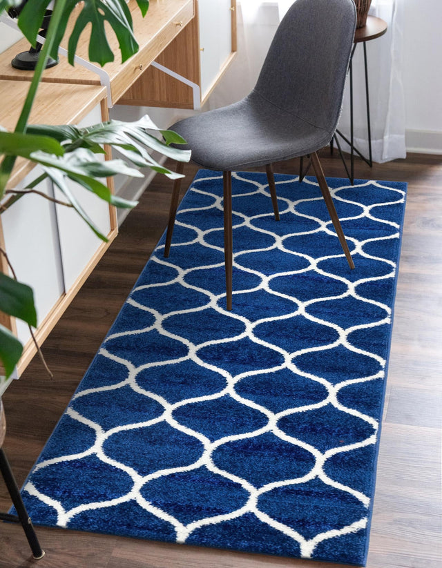 Navy Blue 2' x 8' 8 Trellis Frieze Runner Area Rug Geometric Modern Unique Stain Resistant Easy Clean Carpet for Living, Dining, Bedrooms, Office for Sale at Rug Engine
