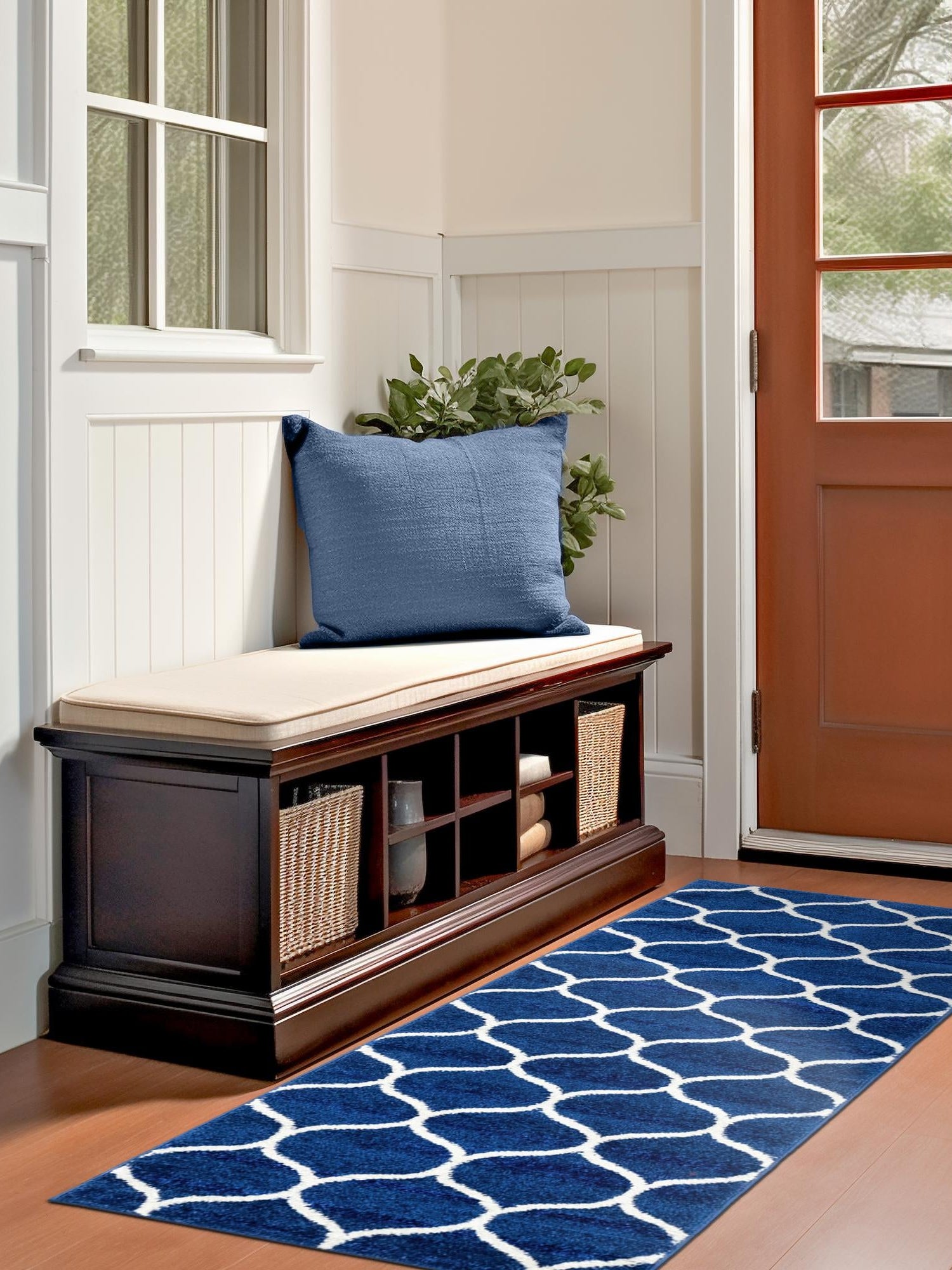 Navy Blue 2' x 6' 1 Trellis Frieze Runner Area Rug Geometric Modern Unique Stain Resistant Easy Clean Carpet for Living, Dining, Bedrooms, Office for Sale at Rug Engine