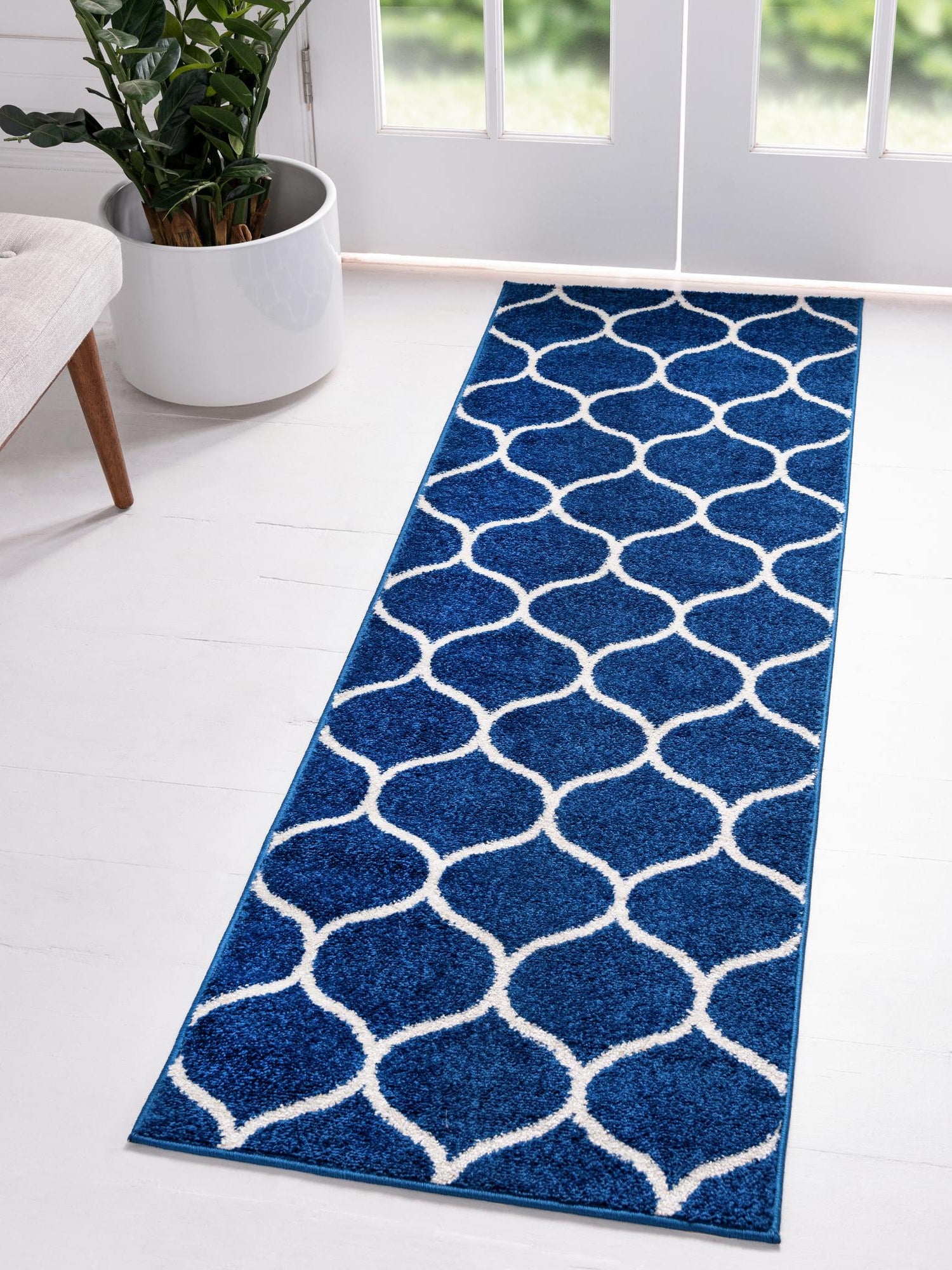 Navy Blue 2' x 13' 1 Trellis Frieze Runner Area Rug Geometric Modern Unique Stain Resistant Easy Clean Carpet for Living, Dining, Bedrooms, Office for Sale at Rug Engine