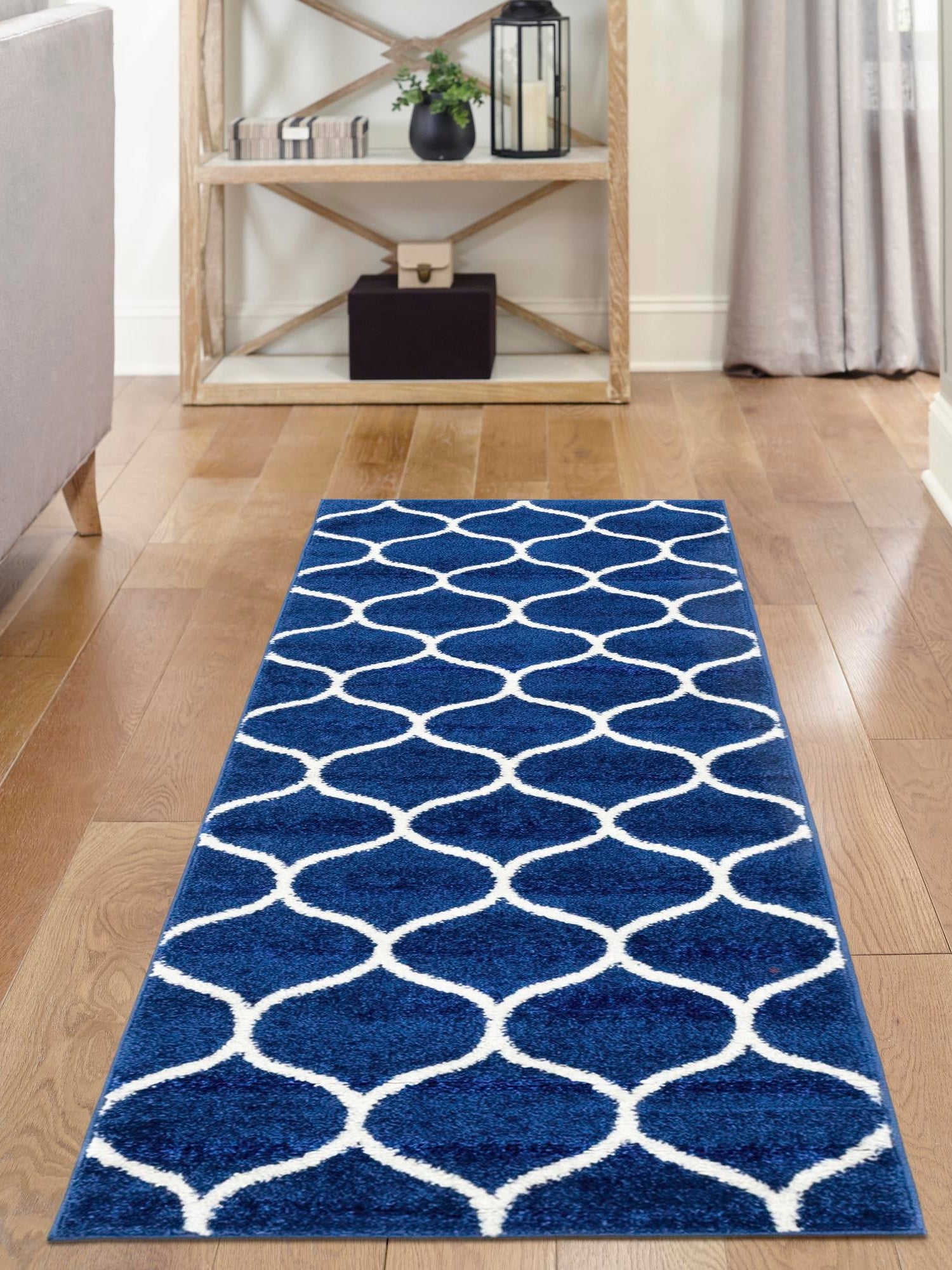 Navy Blue 2' x 6' 1 Trellis Frieze Runner Area Rug Geometric Modern Unique Stain Resistant Easy Clean Carpet for Living, Dining, Bedrooms, Office for Sale at Rug Engine