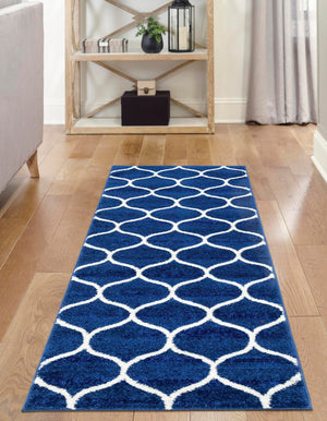 Navy Blue 2' x 6' 1 Trellis Frieze Runner Area Rug Geometric Modern Unique Stain Resistant Easy Clean Carpet for Living, Dining, Bedrooms, Office for Sale at Rug Engine