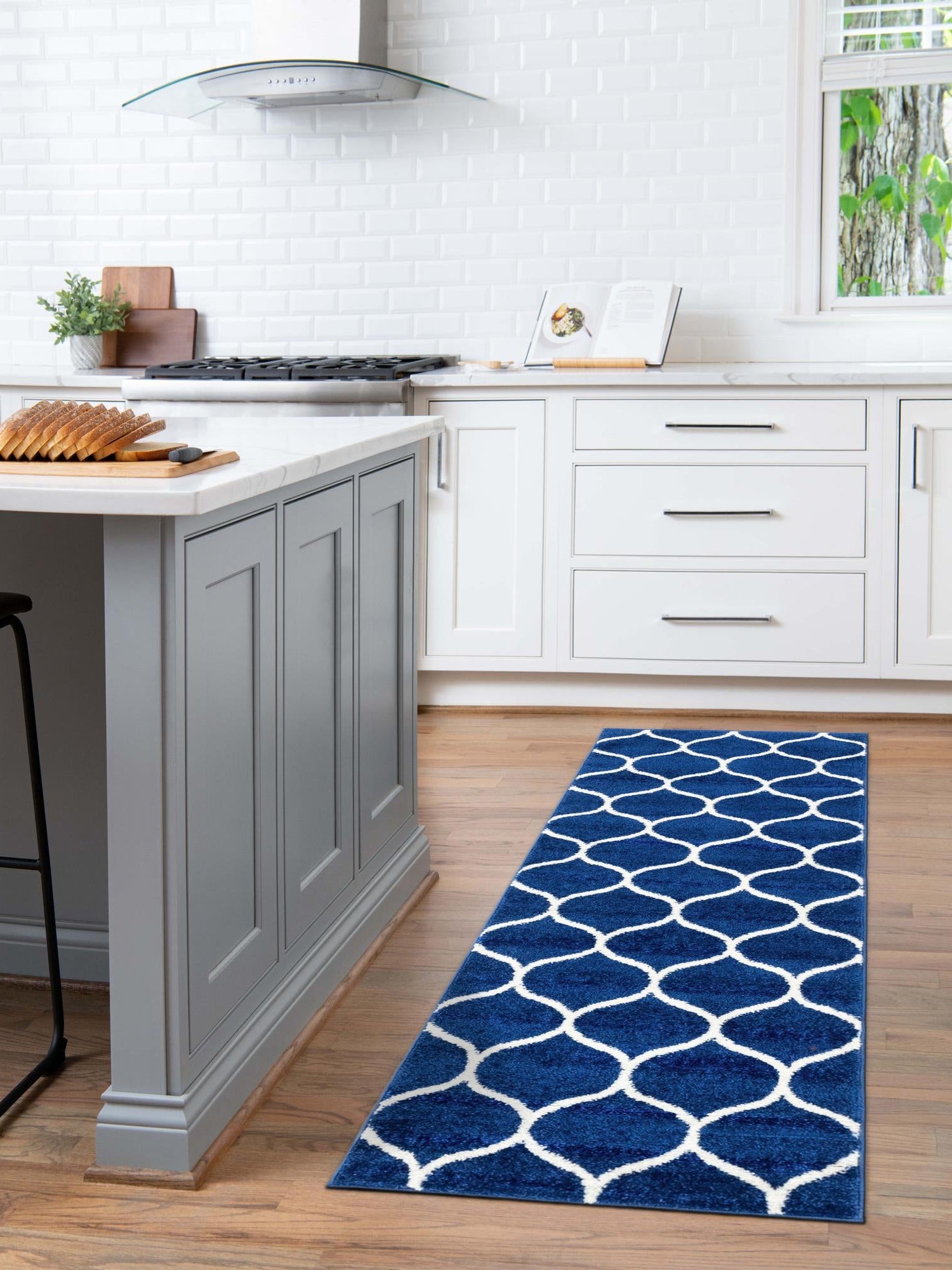 Navy Blue 2' x 8' 8 Trellis Frieze Runner Area Rug Geometric Modern Unique Stain Resistant Easy Clean Carpet for Living, Dining, Bedrooms, Office for Sale at Rug Engine