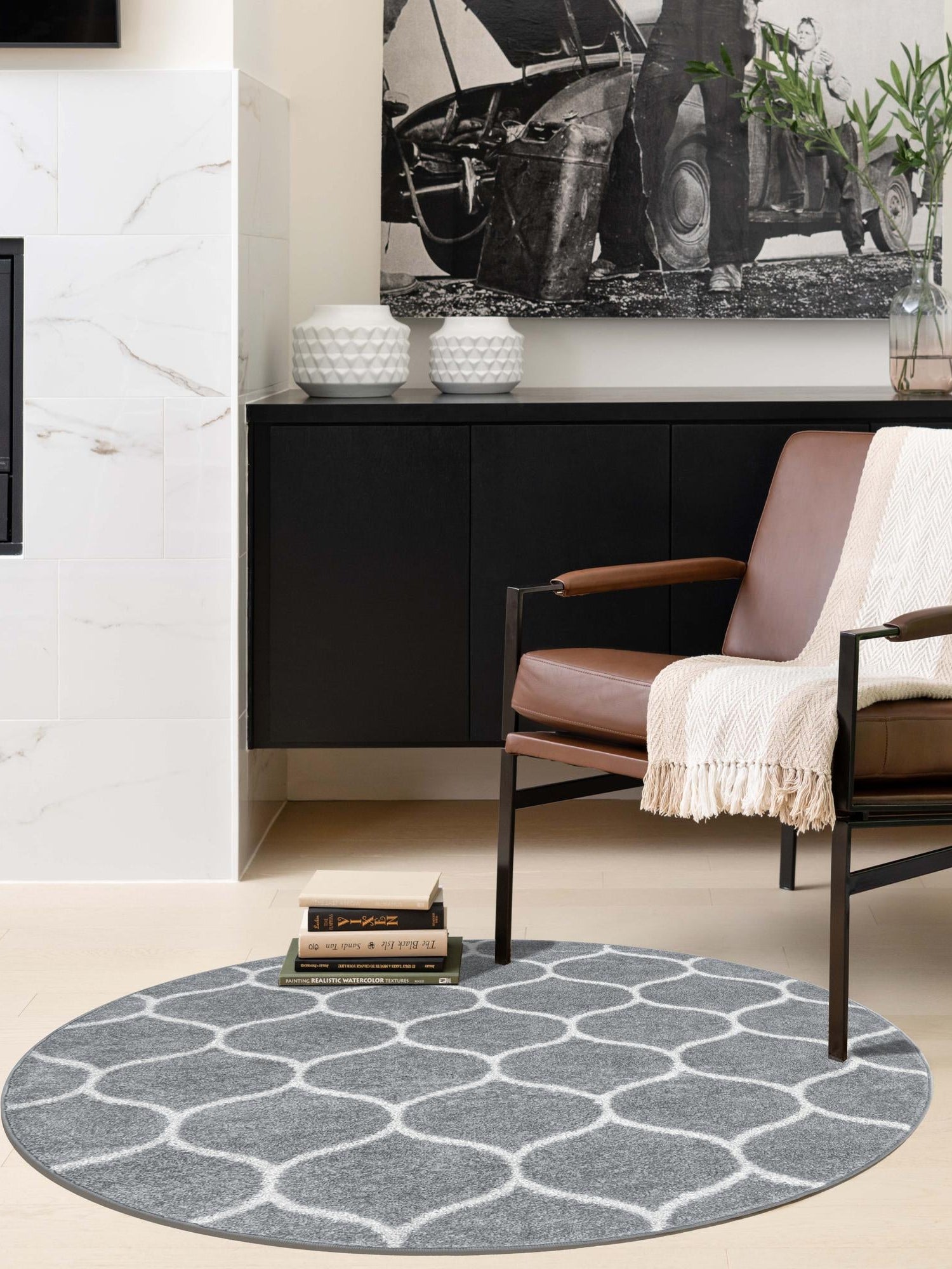 Light Gray 4' 1 x 4' 1 Trellis Frieze Round Area Rug Geometric Modern Unique Stain Resistant Easy Clean Carpet for Living, Dining, Bedrooms, Office for Sale at Rug Engine