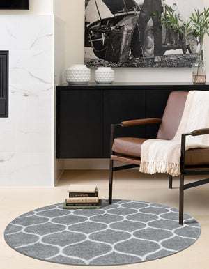 Light Gray 6' 1 x 6' 1 Trellis Frieze Round Area Rug Geometric Modern Unique Stain Resistant Easy Clean Carpet for Living, Dining, Bedrooms, Office for Sale at Rug Engine
