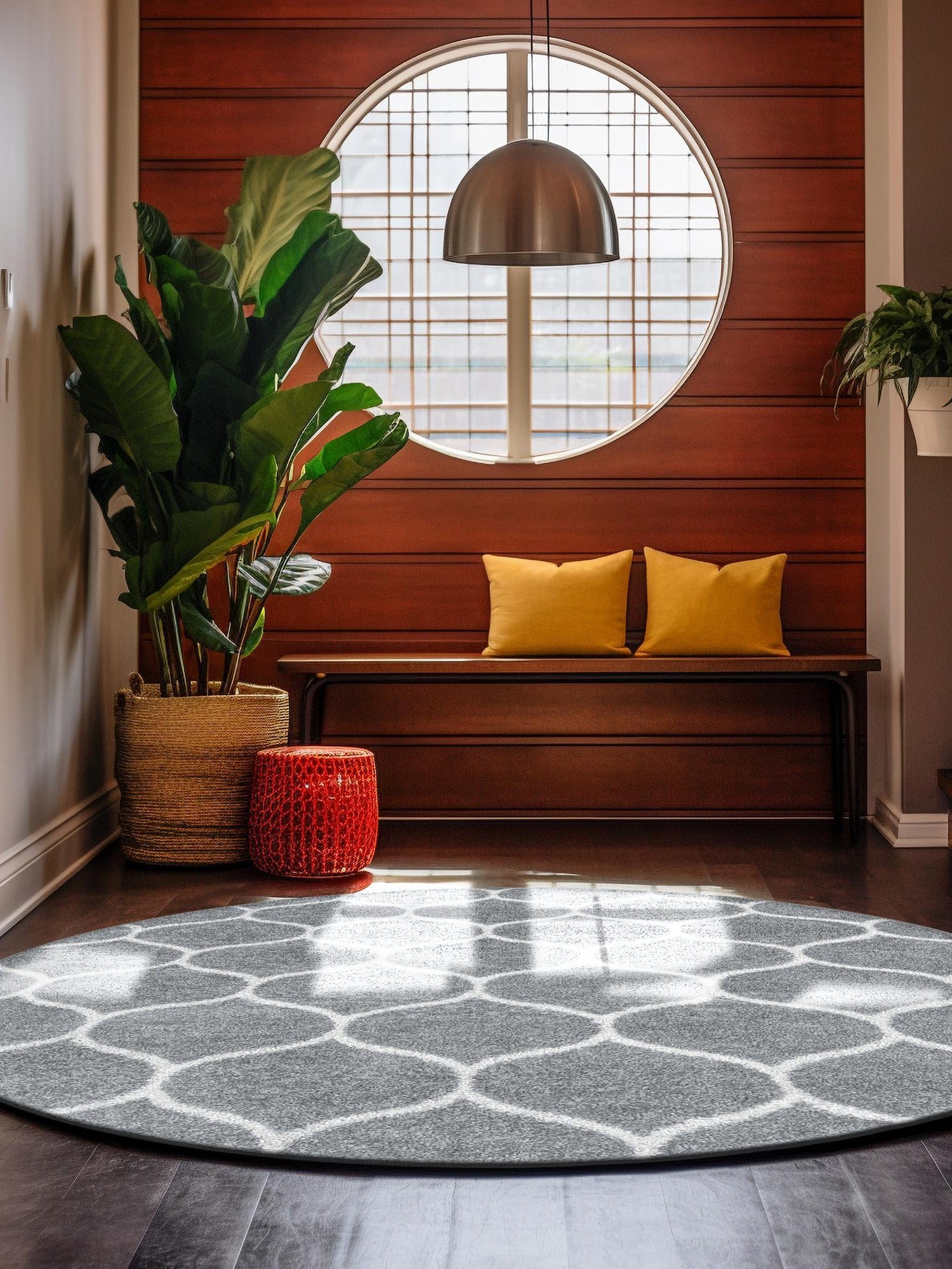 Light Gray 4' 1 x 4' 1 Trellis Frieze Round Area Rug Geometric Modern Unique Stain Resistant Easy Clean Carpet for Living, Dining, Bedrooms, Office for Sale at Rug Engine