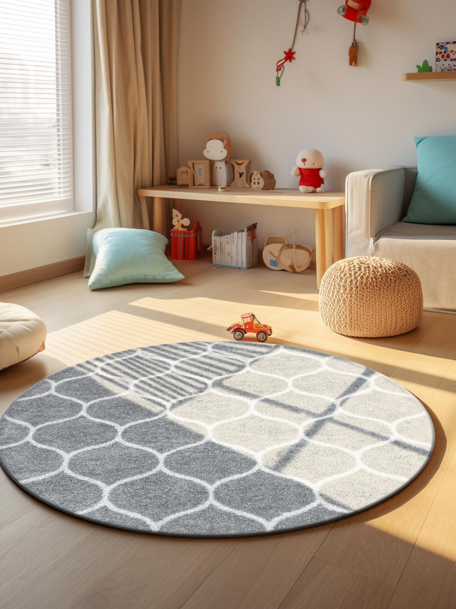 Light Gray 4' 1 x 4' 1 Trellis Frieze Round Area Rug Geometric Modern Unique Stain Resistant Easy Clean Carpet for Living, Dining, Bedrooms, Office for Sale at Rug Engine