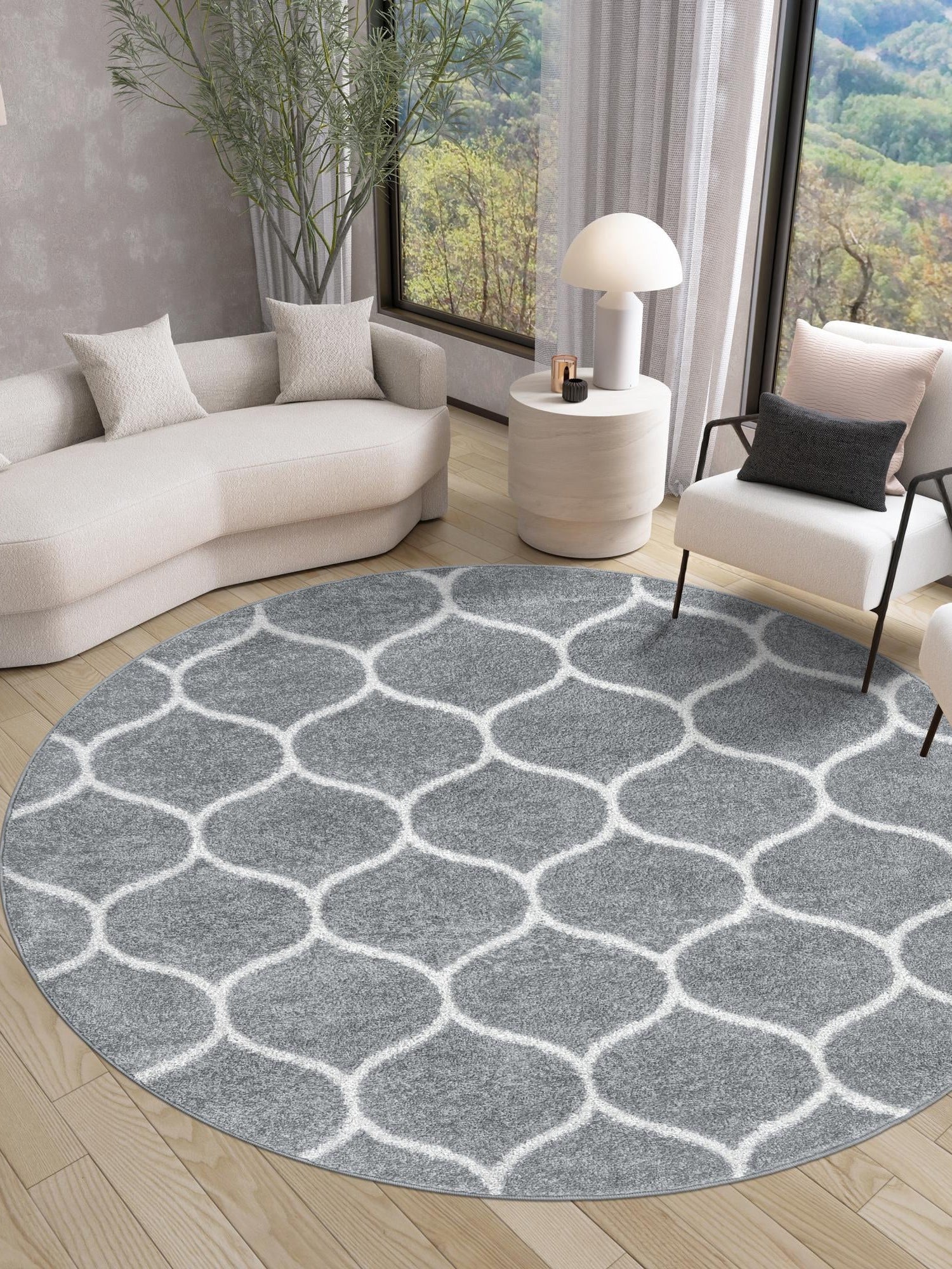 Light Gray 4' 1 x 4' 1 Trellis Frieze Round Area Rug Geometric Modern Unique Stain Resistant Easy Clean Carpet for Living, Dining, Bedrooms, Office for Sale at Rug Engine