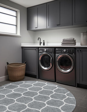 Light Gray 5' 3 x 5' 3 Trellis Frieze Round Area Rug Geometric Modern Unique Stain Resistant Easy Clean Carpet for Living, Dining, Bedrooms, Office for Sale at Rug Engine