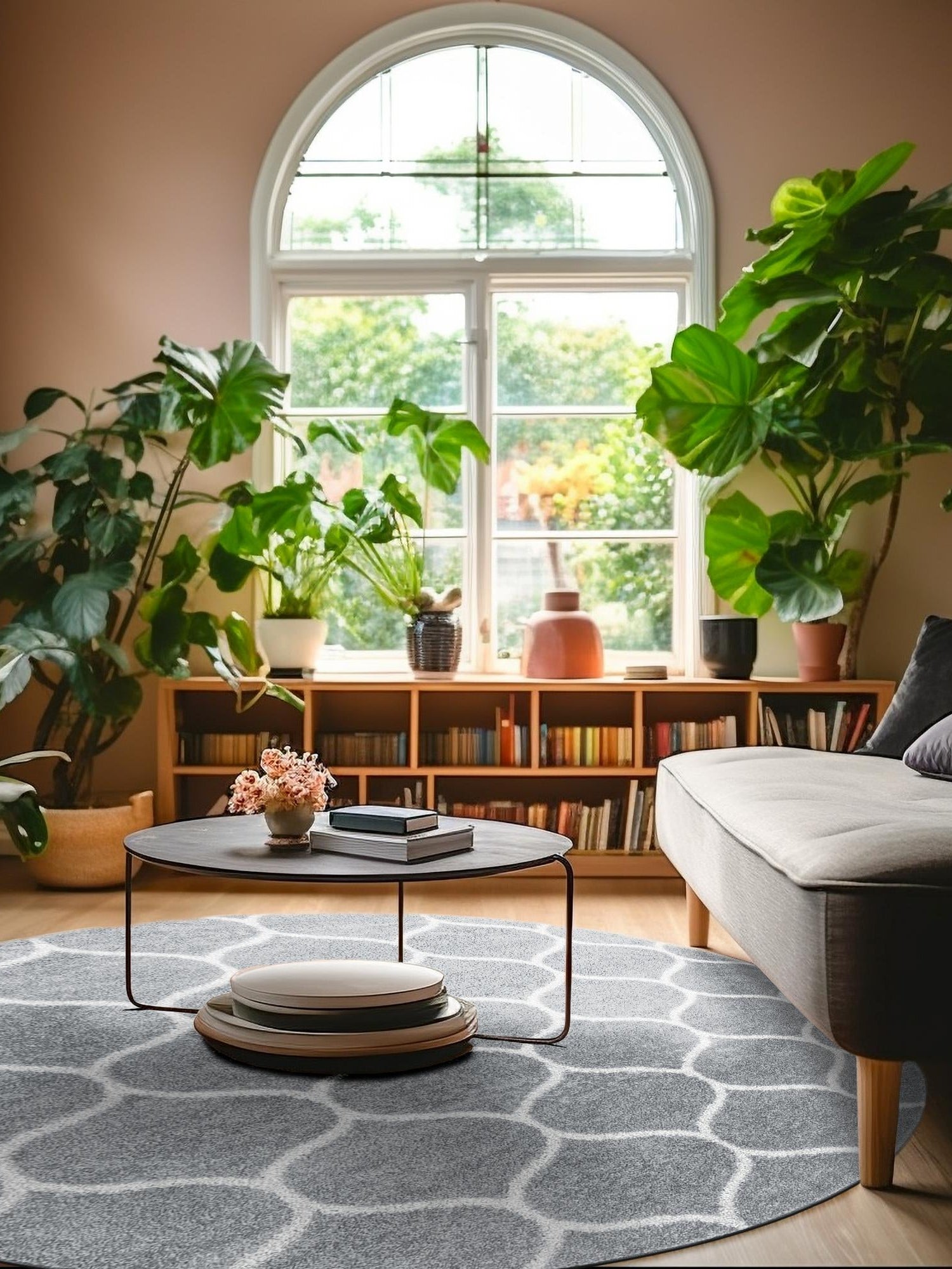 Light Gray 4' 1 x 4' 1 Trellis Frieze Round Area Rug Geometric Modern Unique Stain Resistant Easy Clean Carpet for Living, Dining, Bedrooms, Office for Sale at Rug Engine