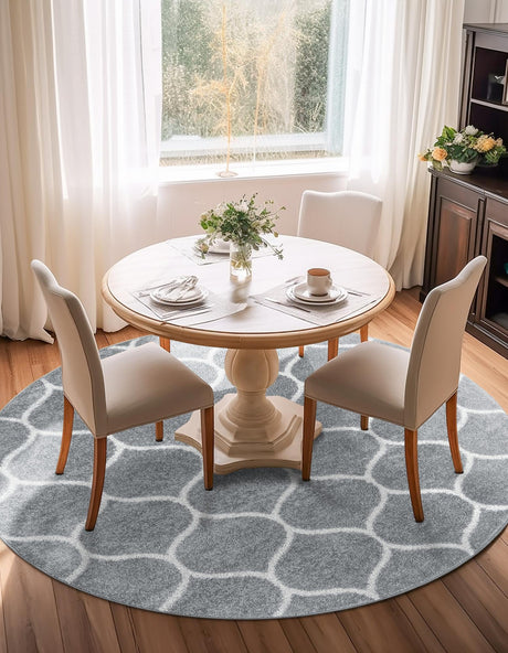 Light Gray 6' 1 x 6' 1 Trellis Frieze Round Area Rug Geometric Modern Unique Stain Resistant Easy Clean Carpet for Living, Dining, Bedrooms, Office for Sale at Rug Engine