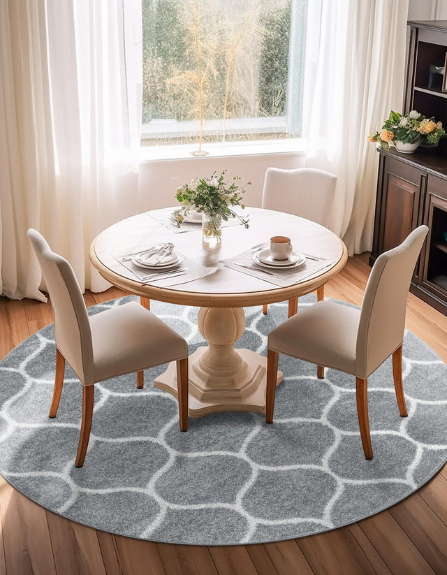 Light Gray 5' 3 x 5' 3 Trellis Frieze Round Area Rug Geometric Modern Unique Stain Resistant Easy Clean Carpet for Living, Dining, Bedrooms, Office for Sale at Rug Engine