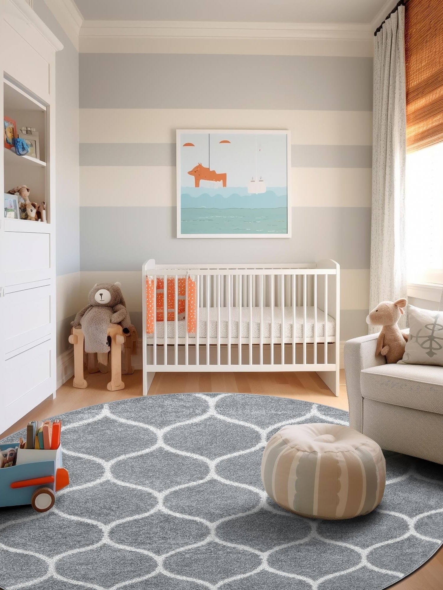 Light Gray 6' 1 x 6' 1 Trellis Frieze Round Area Rug Geometric Modern Unique Stain Resistant Easy Clean Carpet for Living, Dining, Bedrooms, Office for Sale at Rug Engine