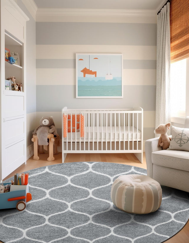 Light Gray 5' 3 x 5' 3 Trellis Frieze Round Area Rug Geometric Modern Unique Stain Resistant Easy Clean Carpet for Living, Dining, Bedrooms, Office for Sale at Rug Engine