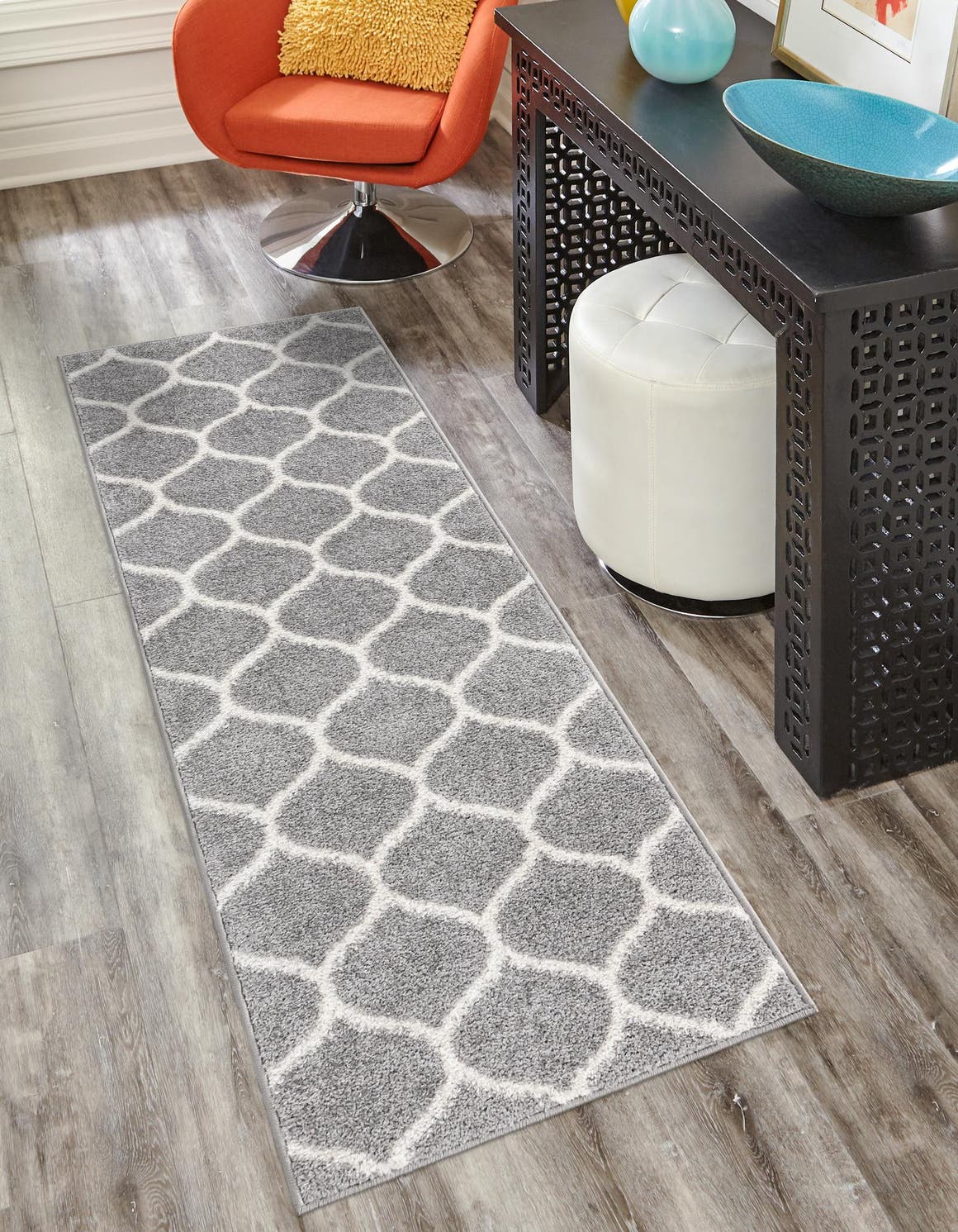 Light Gray 2' x 13' 1 Trellis Frieze Runner Area Rug Geometric Modern Unique Stain Resistant Easy Clean Carpet for Living, Dining, Bedrooms, Office for Sale at Rug Engine