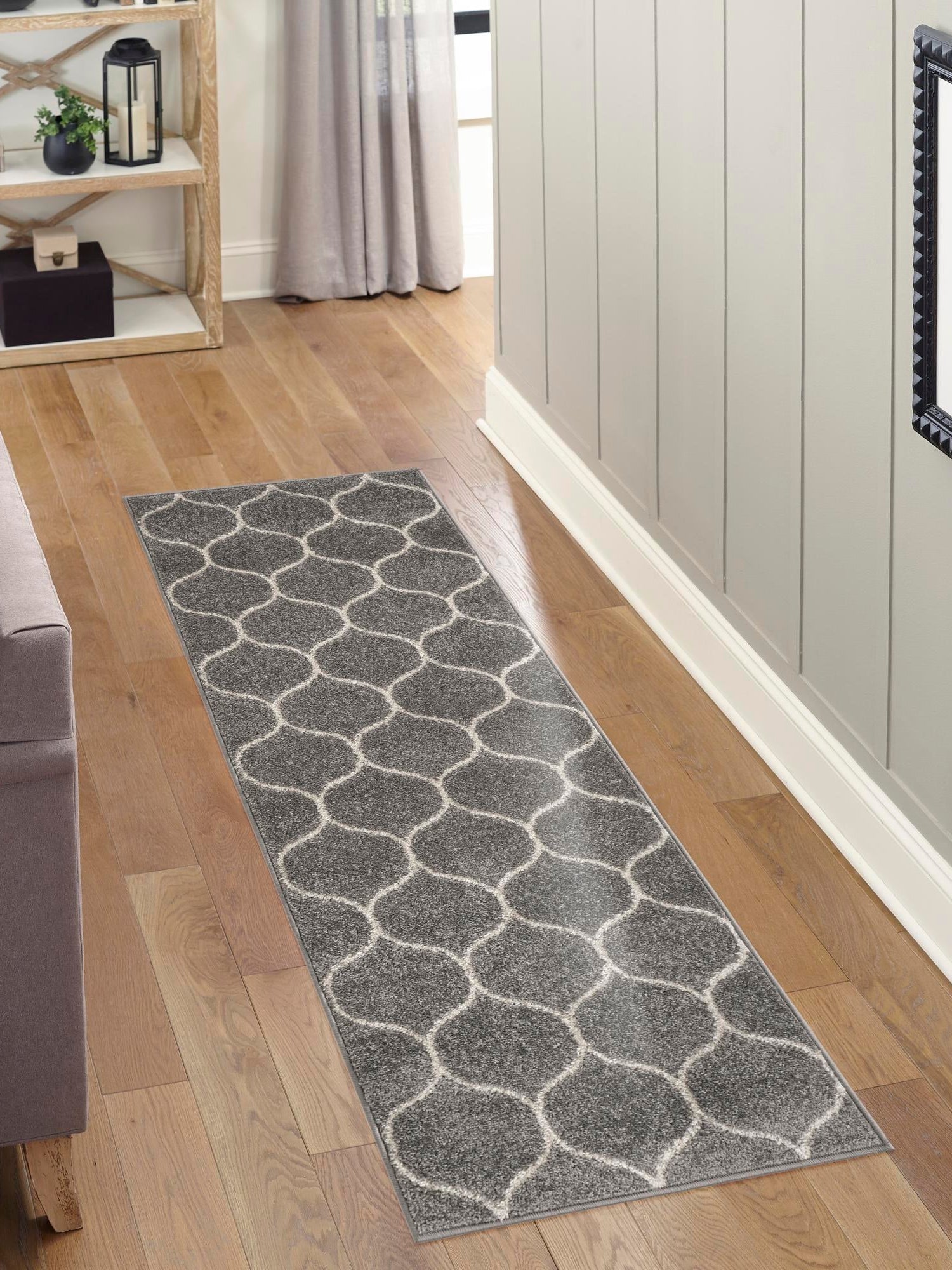 Light Gray 2' x 10' Trellis Frieze Runner Area Rug Geometric Modern Unique Stain Resistant Easy Clean Carpet for Living, Dining, Bedrooms, Office for Sale at Rug Engine
