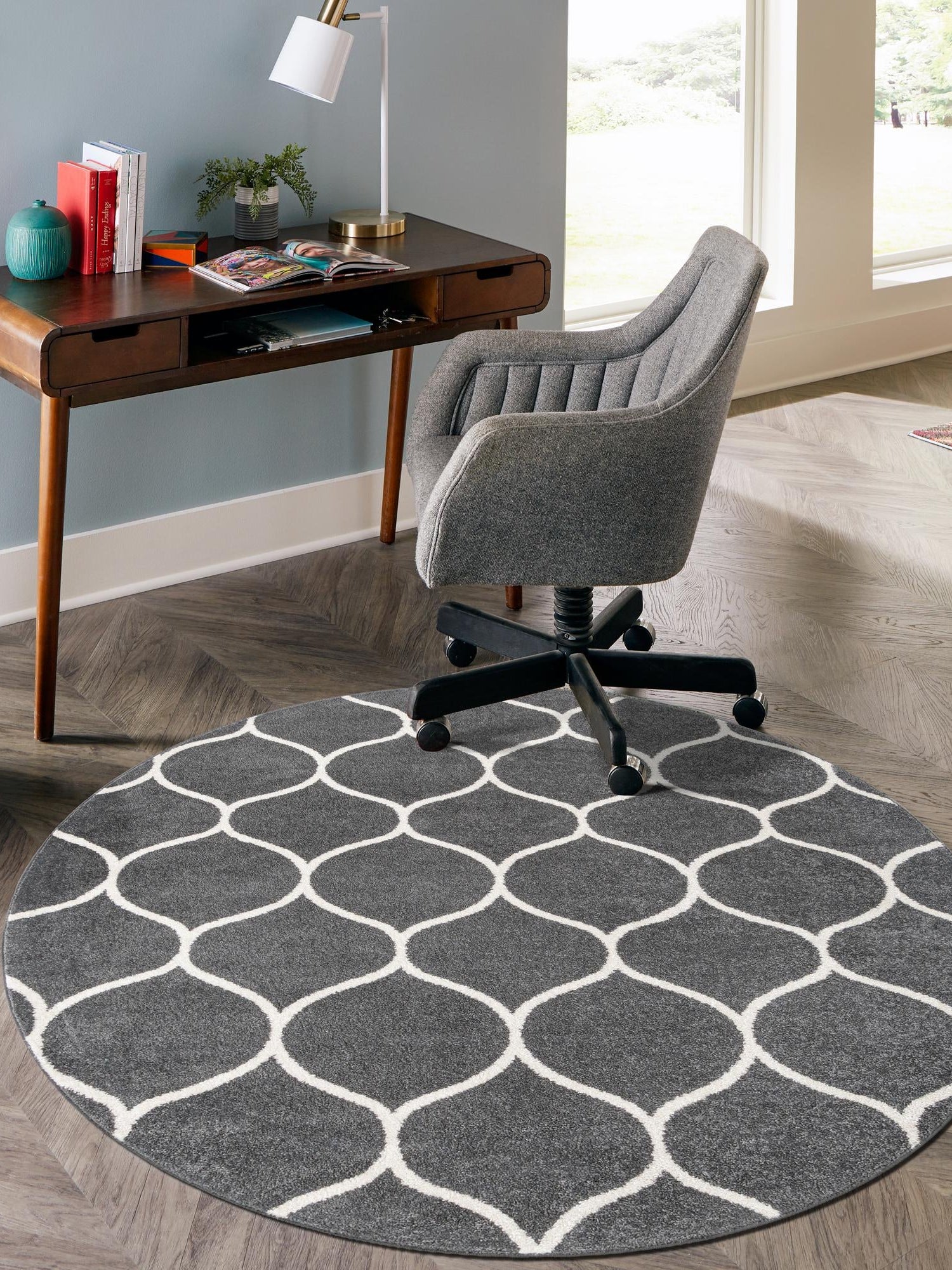 Dark Gray 4' 1 x 4' 1 Trellis Frieze Round Area Rug Geometric Modern Unique Stain Resistant Easy Clean Carpet for Living, Dining, Bedrooms, Office for Sale at Rug Engine