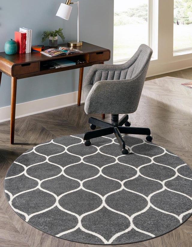 Dark Gray 7' 1 x 7' 1 Trellis Frieze Round Area Rug Geometric Modern Unique Stain Resistant Easy Clean Carpet for Living, Dining, Bedrooms, Office for Sale at Rug Engine
