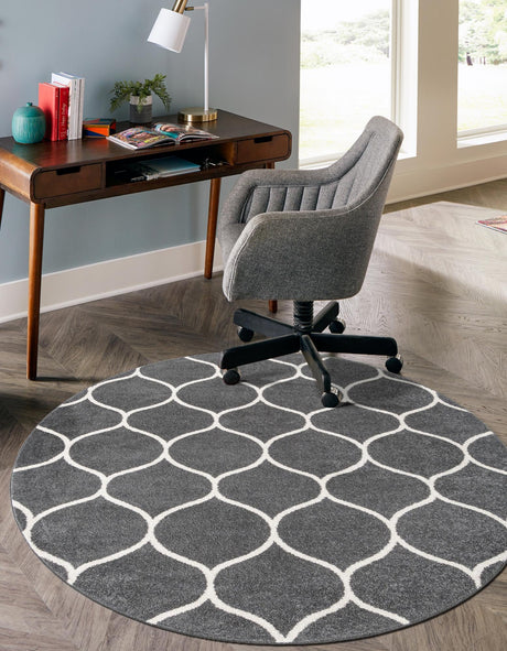 Dark Gray 7' 10 x 7' 10 Trellis Frieze Round Area Rug Geometric Modern Unique Stain Resistant Easy Clean Carpet for Living, Dining, Bedrooms, Office for Sale at Rug Engine