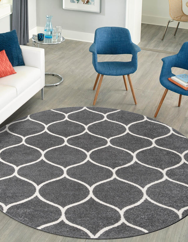 Dark Gray 4' 1 x 4' 1 Trellis Frieze Round Area Rug Geometric Modern Unique Stain Resistant Easy Clean Carpet for Living, Dining, Bedrooms, Office for Sale at Rug Engine