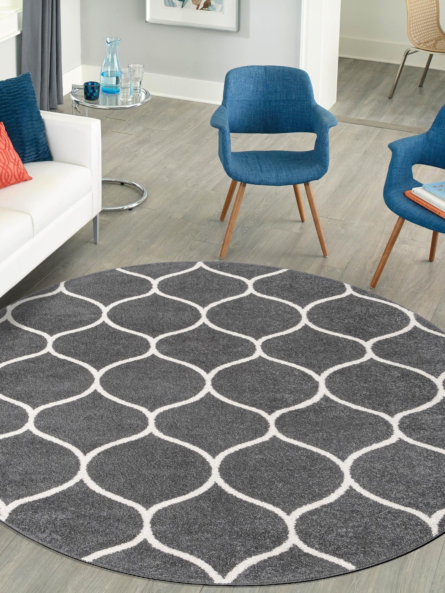 Dark Gray 7' 1 x 7' 1 Trellis Frieze Round Area Rug Geometric Modern Unique Stain Resistant Easy Clean Carpet for Living, Dining, Bedrooms, Office for Sale at Rug Engine