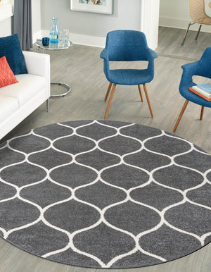 Dark Gray 7' 1 x 7' 1 Trellis Frieze Round Area Rug Geometric Modern Unique Stain Resistant Easy Clean Carpet for Living, Dining, Bedrooms, Office for Sale at Rug Engine
