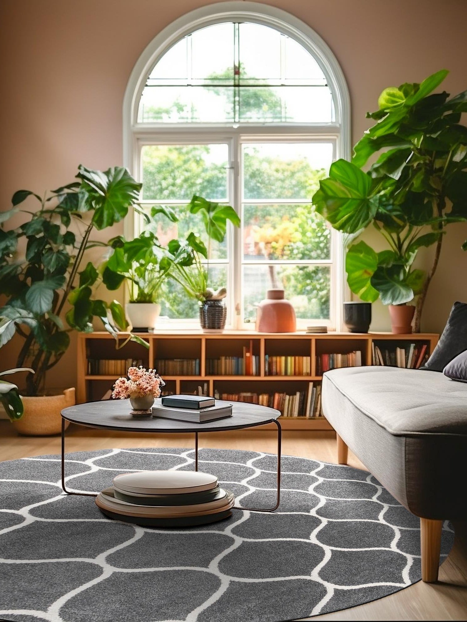 Dark Gray 4' 1 x 4' 1 Trellis Frieze Round Area Rug Geometric Modern Unique Stain Resistant Easy Clean Carpet for Living, Dining, Bedrooms, Office for Sale at Rug Engine
