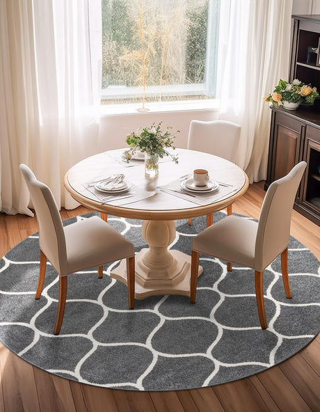 Dark Gray 7' 10 x 7' 10 Trellis Frieze Round Area Rug Geometric Modern Unique Stain Resistant Easy Clean Carpet for Living, Dining, Bedrooms, Office for Sale at Rug Engine