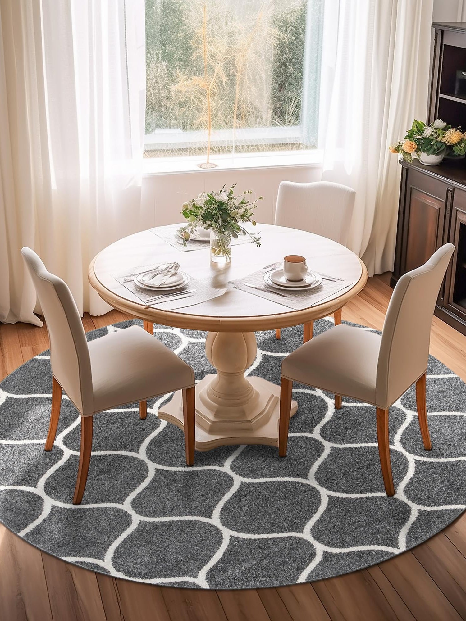 Dark Gray 7' 1 x 7' 1 Trellis Frieze Round Area Rug Geometric Modern Unique Stain Resistant Easy Clean Carpet for Living, Dining, Bedrooms, Office for Sale at Rug Engine