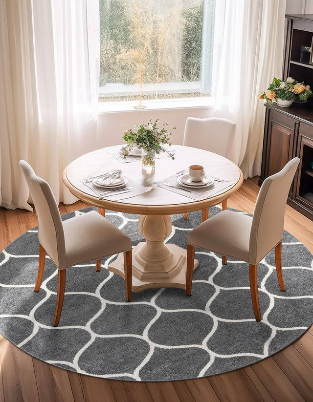 Dark Gray 7' 1 x 7' 1 Trellis Frieze Round Area Rug Geometric Modern Unique Stain Resistant Easy Clean Carpet for Living, Dining, Bedrooms, Office for Sale at Rug Engine