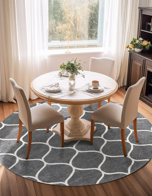 Dark Gray 3' 1 x 3' 1 Trellis Frieze Round Area Rug Geometric Modern Unique Stain Resistant Easy Clean Carpet for Living, Dining, Bedrooms, Office for Sale at Rug Engine