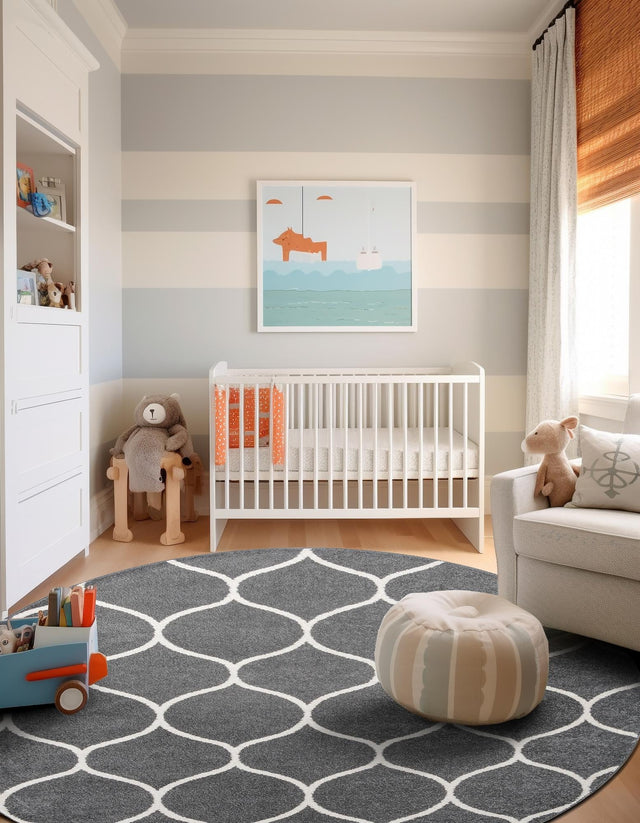 Dark Gray 4' 1 x 4' 1 Trellis Frieze Round Area Rug Geometric Modern Unique Stain Resistant Easy Clean Carpet for Living, Dining, Bedrooms, Office for Sale at Rug Engine