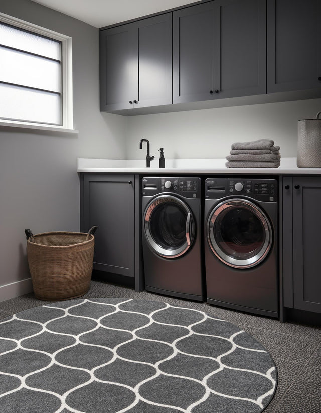 Dark Gray 7' 1 x 7' 1 Trellis Frieze Round Area Rug Geometric Modern Unique Stain Resistant Easy Clean Carpet for Living, Dining, Bedrooms, Office for Sale at Rug Engine